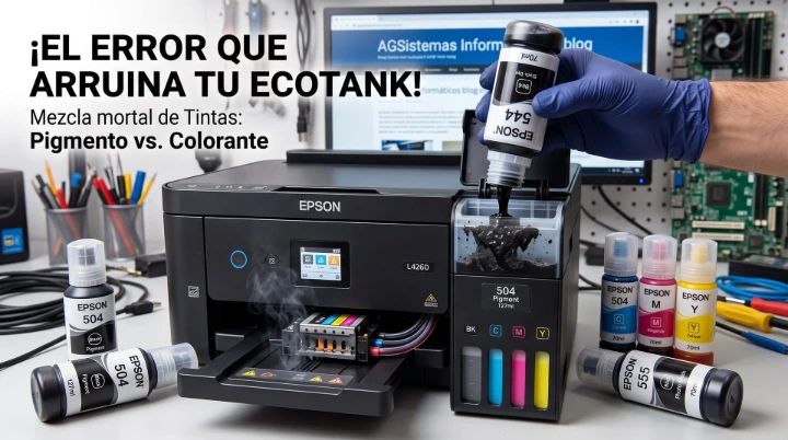 Fotografía en un taller técnico de una impresora Epson L4260 EcoTank sobre una mesa de trabajo. Una mano con guante azul vierte erróneamente tinta Epson 544 negra (colorante) en el tanque de color negro diseñado para tinta 504 (pigmento); dentro del tanque transparente se visualiza una reacción química negativa que forma grumos y sedimentos densos. Sale humo visible del cabezal de impresión dentro de la bandeja de papel, indicando daños por sobrecalentamiento. Alrededor hay botellas de tinta correctas e incorrectas (504, 555), herramientas y un monitor al fondo mostrando un blog técnico. En la esquina superior izquierda, texto superpuesto en español dice: "¡EL ERROR QUE ARRUINA TU ECOTANK!" y "Mezcla mortal de Tintas: Pigmento vs. Colorante".